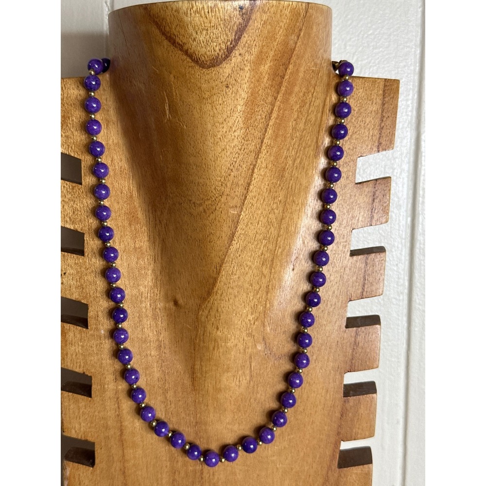 Vintage Mona So Purple Genuine Stone Beaded Necklace Gold Tone Box Clasp 21"